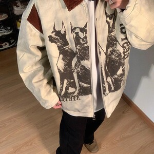 612-P64 美式复古做旧废土风工装外套男款春秋季潮牌宽松扎染图片