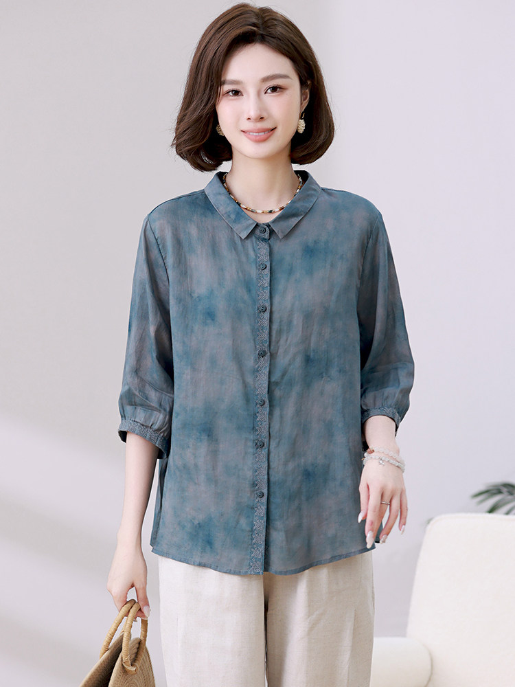 纯苎麻衬衫女五分袖2024新款夏季印花衬衣,女装衬衫,忆绮罗