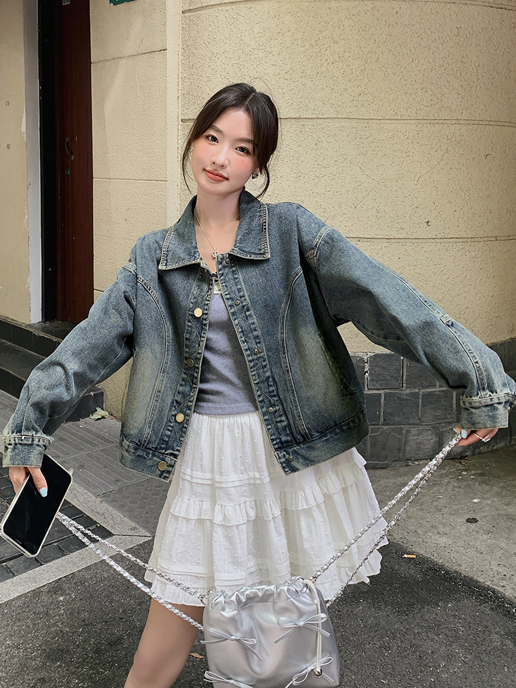 港风复古牛仔外套女2025春季新款高级感设计感宽松减龄小个子夹克,女装短外套,浪娴服饰