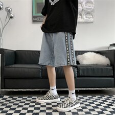运动牛仔短裤男薄款潮牌侧边织带休闲裤3XL大码学生 K3214-P32图片
