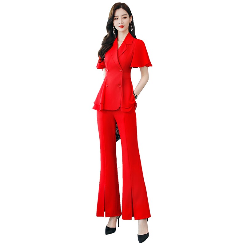 职业西装套装女短袖夏薄款透气时尚黑白红色工作服两件套百搭减龄,女装套装/套裙,妙形