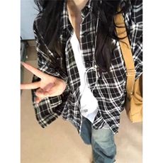 法式格子防晒衬衫女春夏季bf慵懒风衬衣外套设计感小众长袖上衣，男装防晒衣，星座1210-1