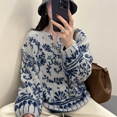 羊驼绒拉毛青花瓷重工提花针织毛衫，现货，女装羊毛衫，臻纶羊绒