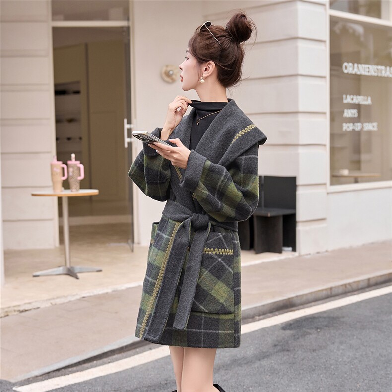 现货2025年冬季格子双面羊毛呢正反两穿刺绣定制款羊毛大衣,女装双面呢大衣,琦鑫阁（原依鑫阁）