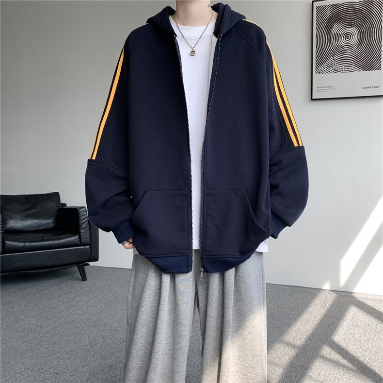 8XL-M秋冬美式运动三条杠条纹开衫卫衣连帽特大码宽松JK5206/P65,男装卫衣,电商B238