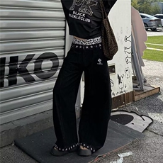 水洗做旧铆钉拖地微喇牛仔裤男女直筒显瘦cleanfit长裤L84077-P53，男装牛仔裤，星座1008
