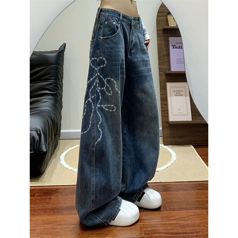 复古美式玫瑰荆棘刺绣弯刀牛仔裤垂感阔腿长裤男女W7864 P48图片