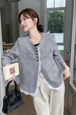 现货：春装新款韩系高级拼蕾丝花边休闲外套2C135-6882P140K208，女装短外套，2C135