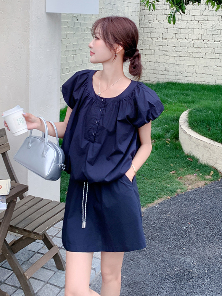 藏青色时尚一整套穿搭泡泡袖上衣套装裙女2025夏新款半身裙两件套,女装套装/套裙,浙宝220