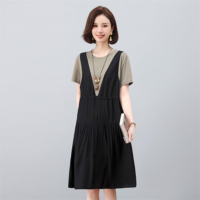 中年妈妈假两件拼接连衣裙女2025夏季新款宽松遮肚子洋气减龄裙子,女装连衣裙,叶笙衣