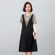 中年妈妈假两件拼接连衣裙女2025夏季新款宽松遮肚子洋气减龄裙子，女装连衣裙，叶笙衣
