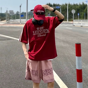 抖音得物高品质二开240克宽松纯棉美式潮牌三条杠织带短袖T恤图片