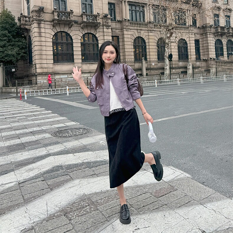 短款机车pu皮外套女2024秋季新款欧美时尚拉链口袋显瘦皮夹克女潮,女装皮衣,江南女神