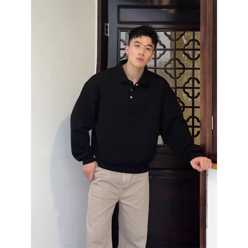 抖音得物高品质二开230克精梳珠地光版纯色宽松长袖T恤翻领POLO衫图片