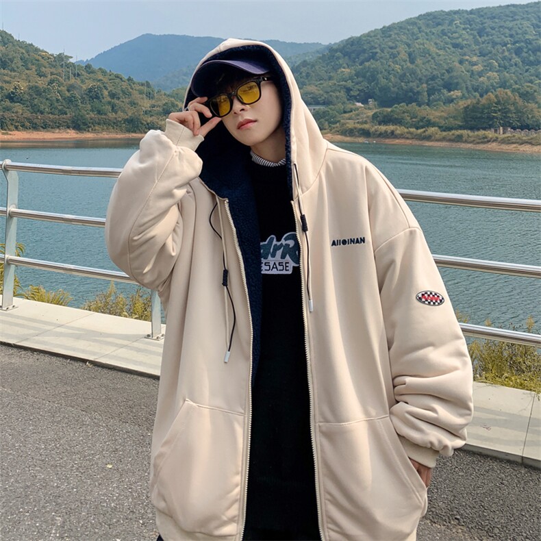 冬季新款羊羔毛连帽棉服外套潮流加绒加厚开衫棉衣,男装棉衣,星座410-6（原星座1304-1）