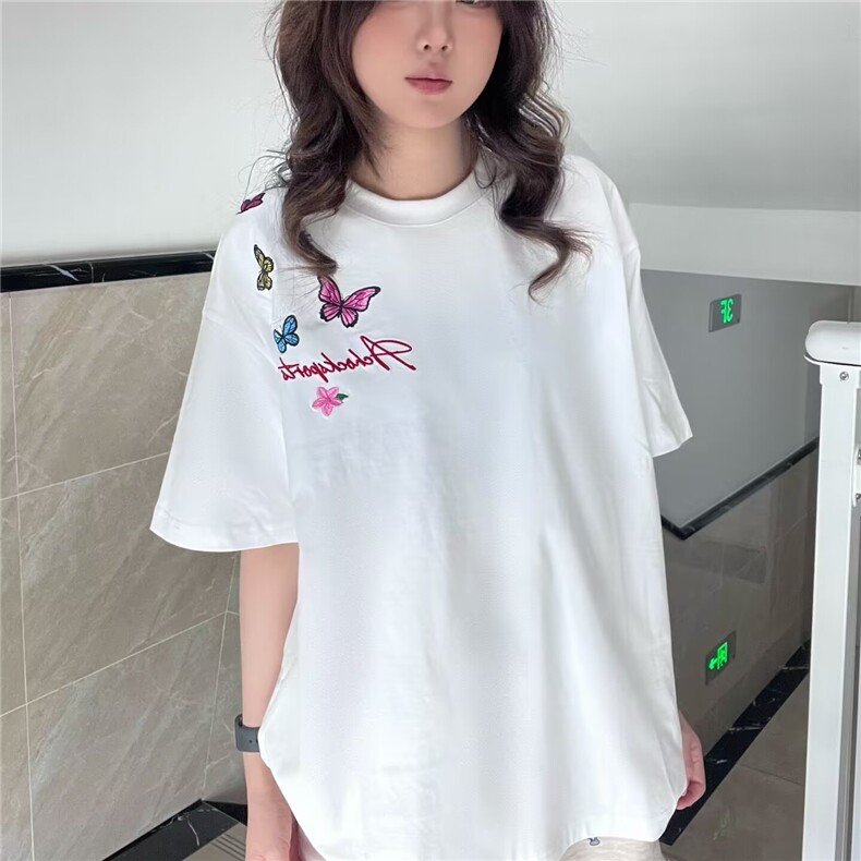 美式高街正肩环绕蝴蝶刺绣短袖T恤男女夏季2025新款情侣宽松上衣,男装T恤,星座506A