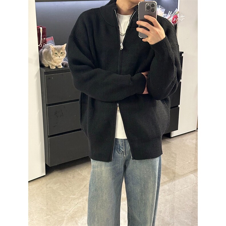 重磅秋冬北极绒双拉链毛衣开衫美式复古休闲慵懒风宽松针织衫外套,男装针织衫/毛衣,电商A486