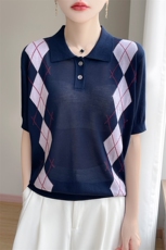 夏季新款天丝polo领拼色菱形短袖女宽松百搭显瘦时尚休闲上衣，女装针织衫/毛衣，暖娇绒