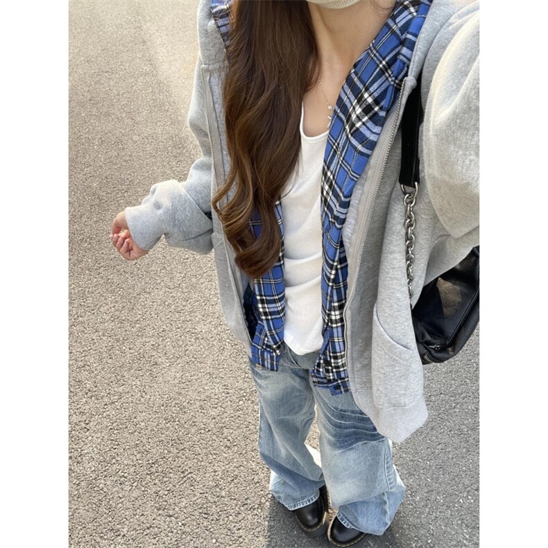 蓝色格子双层连帽卫衣男春秋季潮牌美式小众设计感假两件开衫外套,男装卫衣,星座1007（原301D）