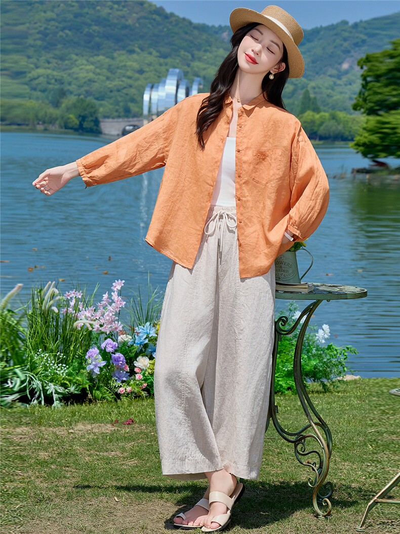 长袖棉麻上衣女2026年夏季气质翻领宽松慵懒风防晒衬衫罩衣,女装衬衫,梦懿尔