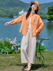 长袖棉麻上衣女2026年夏季气质翻领宽松慵懒风防晒衬衫罩衣，女装衬衫，梦懿尔