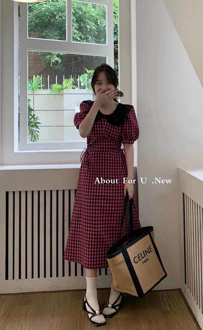 腰部小设计格子连衣裙，女装连衣裙，欧妮卡蒂蔓