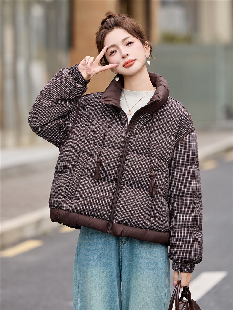 【现货现货】2025冬季新款格子羽绒服短款加厚保暖90白鸭绒面包服,女装羽绒服,一安秀