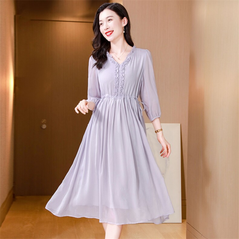 纯色高端真丝连衣裙2025新款女高级感年轻妈妈夏装桑蚕丝气质长裙,女装连衣裙,阿舍尔精品