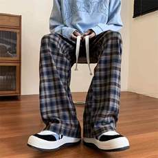 斜纹帆布格子休闲裤hiphop慵懒宽松阔腿裤垂感弯刀拖地裤K998p45，男装休闲裤，电商D315A
