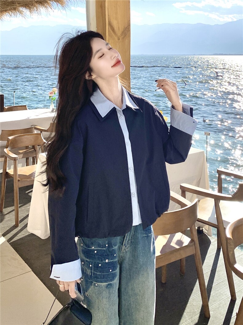 蓝色撞色衬衫领短款夹克外套女2026春秋新款韩系时髦减龄夹克显白,女装短外套,艾米莉亚