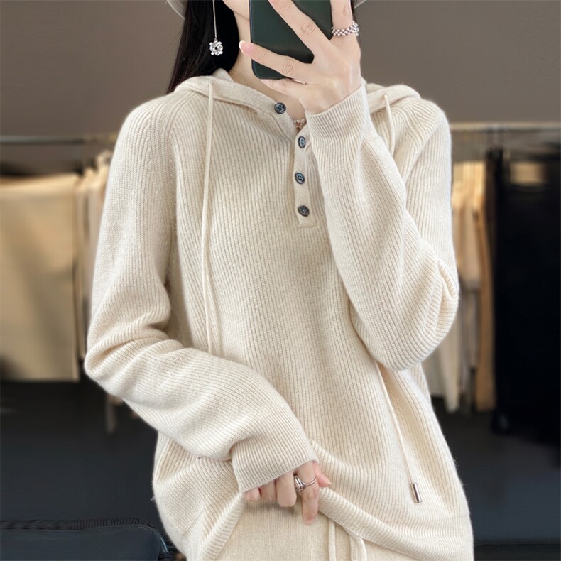 慵懒风安迪绒带帽毛衣女春秋打底衫宽松卫衣连帽针织衫内搭帽衫,针织衫/毛衣,大美人包芯纱店