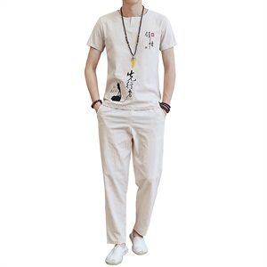 夏季短袖t恤套装男装一套潮男休闲运动宽松棉麻潮流夏装TZ023图片