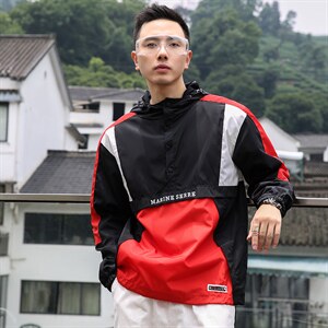 A37秋新港风拼色冲锋衣运动休闲学生夹克外套连帽大码套头跨境男图片