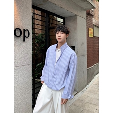 JKSPACE高智感立领假两件设计长袖V领条纹衬衫男宽松休闲百搭衬衣，男装衬衫，星座715-4