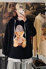 703-W217秋季印花小熊立体绣花贴帽休闲套头卫衣，男装卫衣，星座703