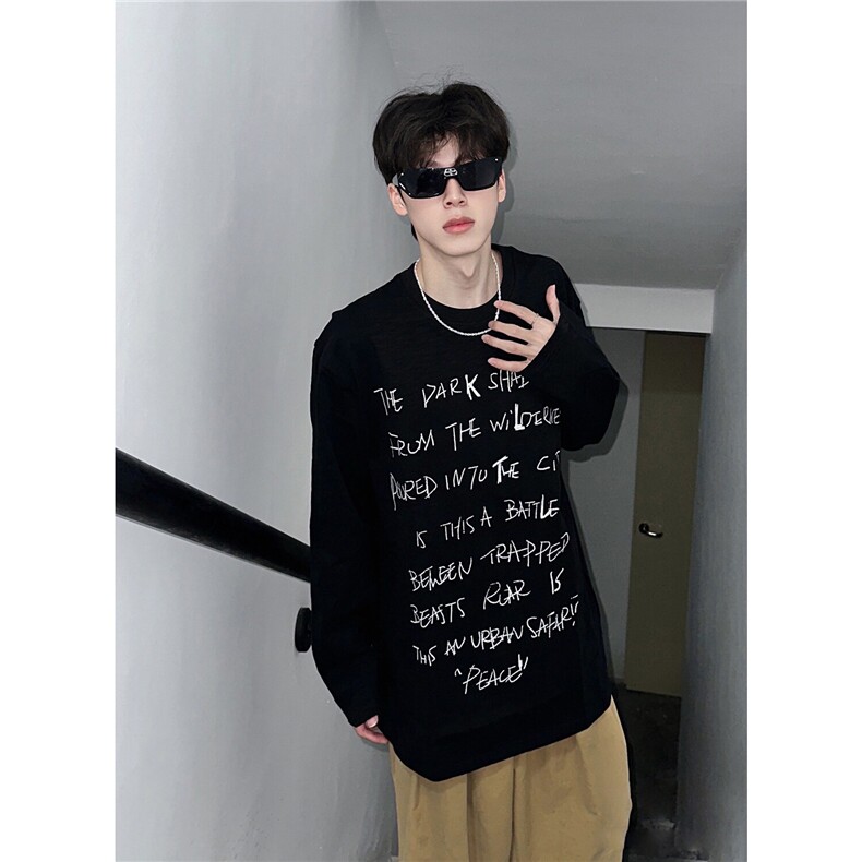 网图春装新款精梳棉圆领字母印花长袖T恤打底衫男女可E03-P29白，男装T恤，电商C310-1