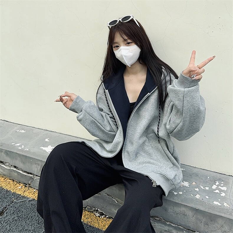抖音得物二开美式高街重磅结构双层撞色连帽卫衣开衫外套W116,女装短外套,电商A486-1