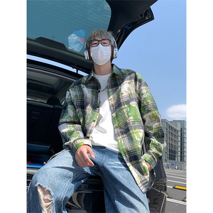 美式扎染条纹格子衬衫男女复古长袖衬衫上衣外套C2239-特价P28图片