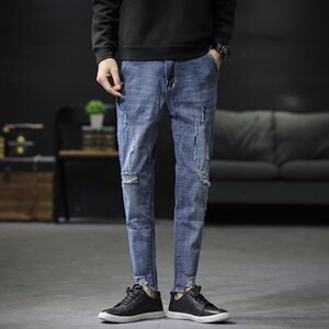 主推春夏牛仔裤男修身小脚微弹九分裤韩版破洞青少年潮流图片