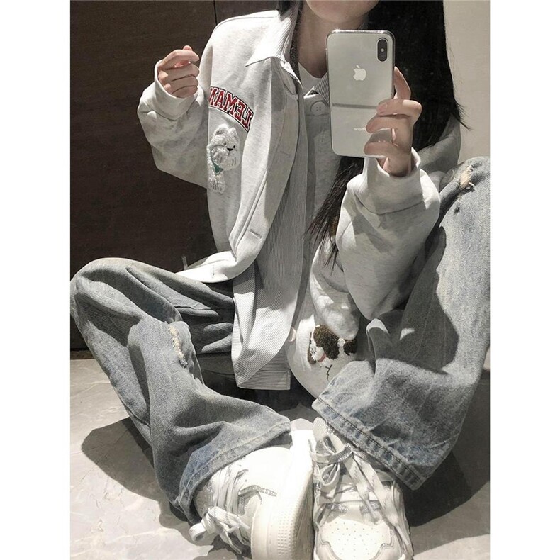 日系卡通小狗毛巾绣圆领卫衣女2025早秋新款慵懒风宽松bf开衫外套,女装短外套,星座506A