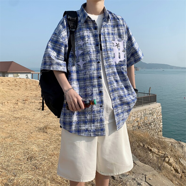 衬衫男港风宽松格子短袖衬衣夏季潮流痞帅休闲半袖外套CS099-P40,男装衬衫,星座308B-1