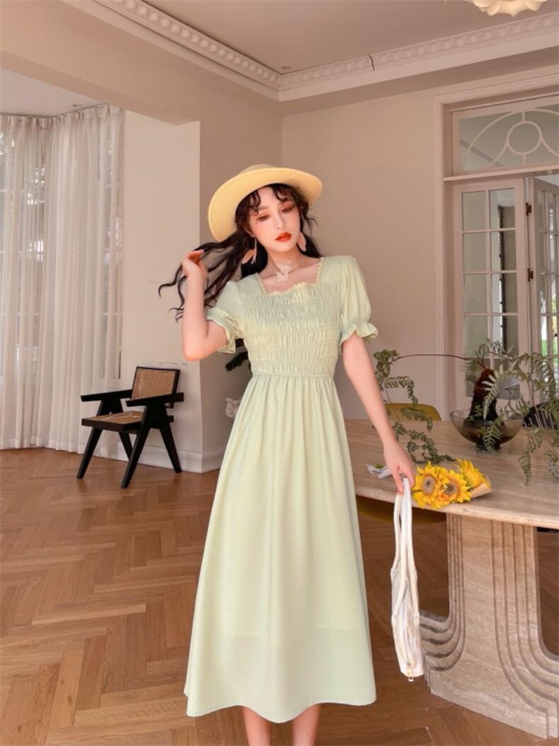 净色夏季连衣裙，女装连衣裙，安玖拉