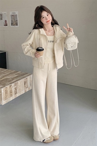 休闲运动风穿搭米白色连帽卫衣套装女初春秋超火好看阔腿裤两件套图片
