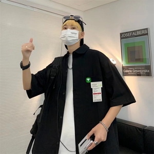 2022衬衫短袖男士宽松大码潮流港风复古痞帅贴标衬衣C548P30图片