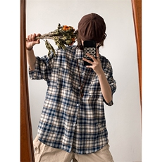 夏季格子衬衫男款美式复古短袖衬衣高级感日系外套内搭，男装衬衫，星座410-7