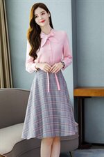 2021春秋季新款衬衫领拼接格子连衣裙简约气质知性优雅套装/套裙，女装套装/套裙，瑶迪依秀