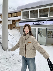 立领羽绒服女2026冬季新款短款格纹小个子外套图片