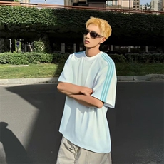 抖音得物品质二开240克宽松纯棉美式潮牌印花三条杠中性风短袖T恤，男装T恤，电商A486