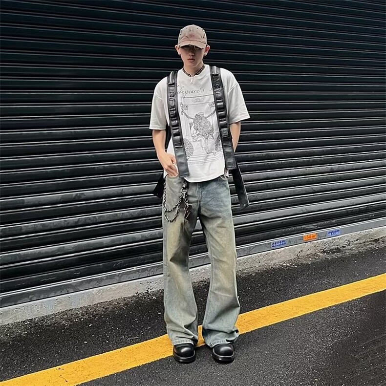 夏款男牛仔裤破洞直筒宽松微喇叭休闲长裤NK767 P55图片