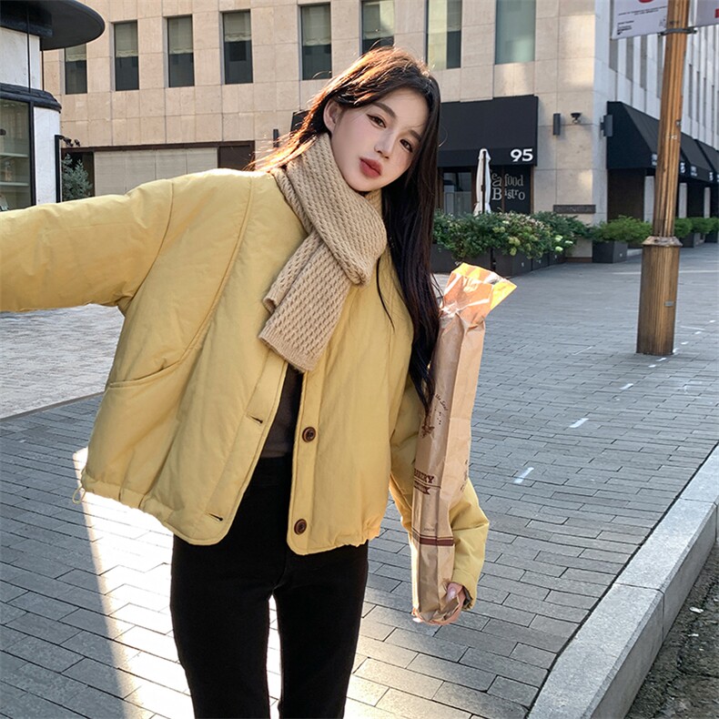 纯色圆领短款单排扣棉服外套2C215-P145-K205,女装棉衣/棉服,2C215